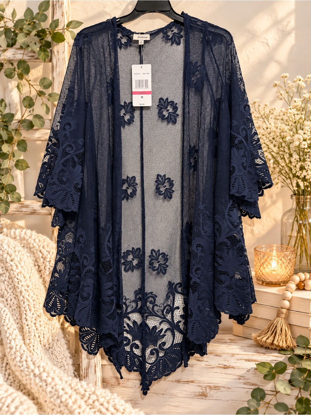 Eyeshadow Navy Lace Open-Front Kimono